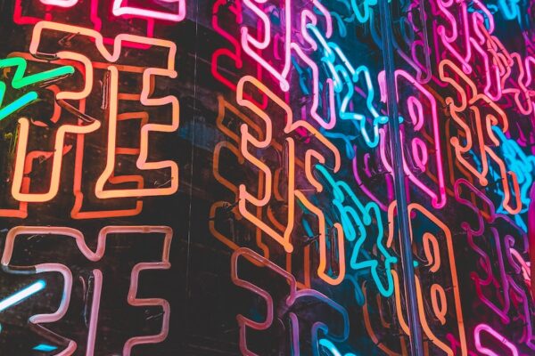 orange, pink, and blue neon lights decoration